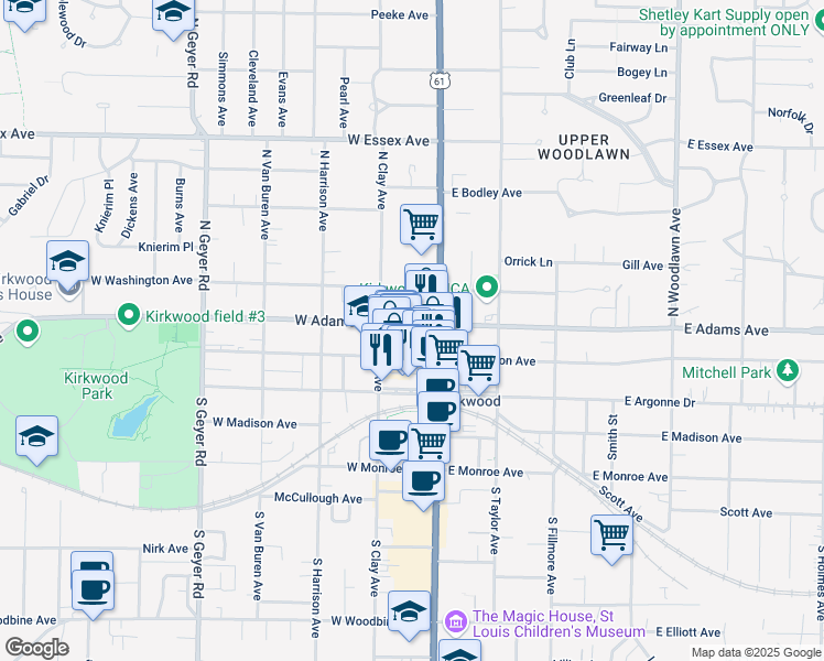 map of restaurants, bars, coffee shops, grocery stores, and more near 138 West Adams Avenue in Kirkwood