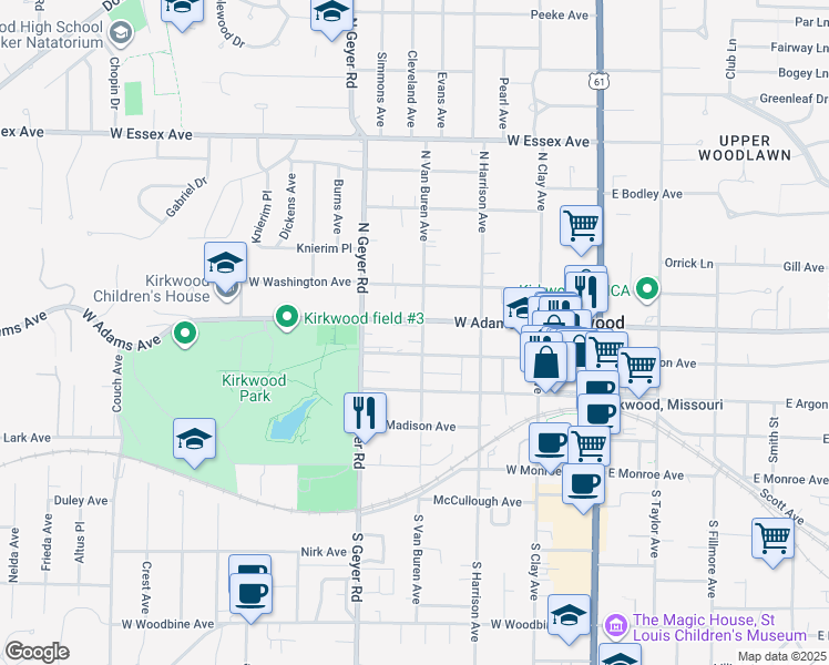 map of restaurants, bars, coffee shops, grocery stores, and more near 418 West Adams Avenue in Kirkwood