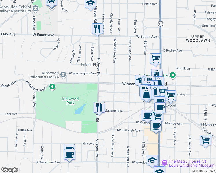 map of restaurants, bars, coffee shops, grocery stores, and more near 412 West Adams Avenue in Kirkwood