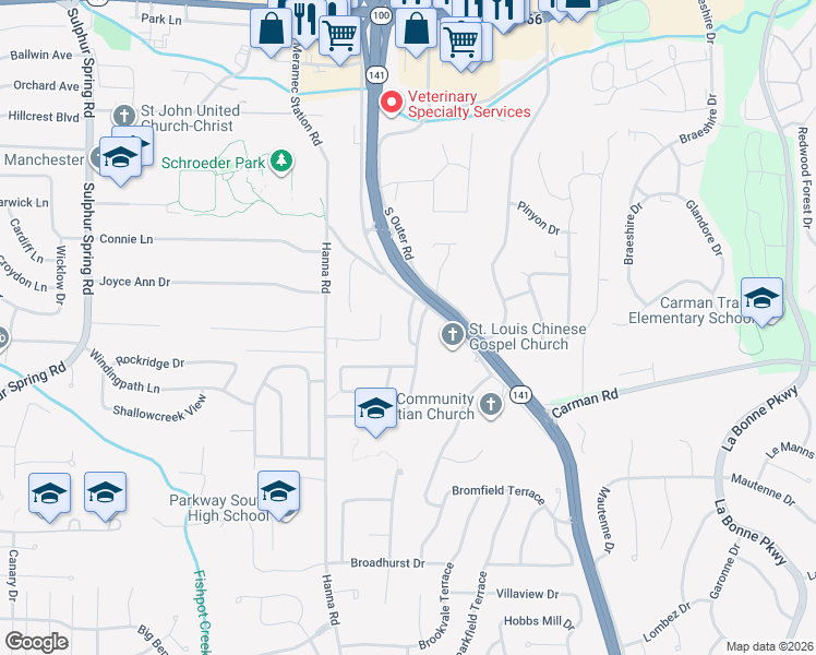 map of restaurants, bars, coffee shops, grocery stores, and more near 9 Finlay Fields in Ballwin