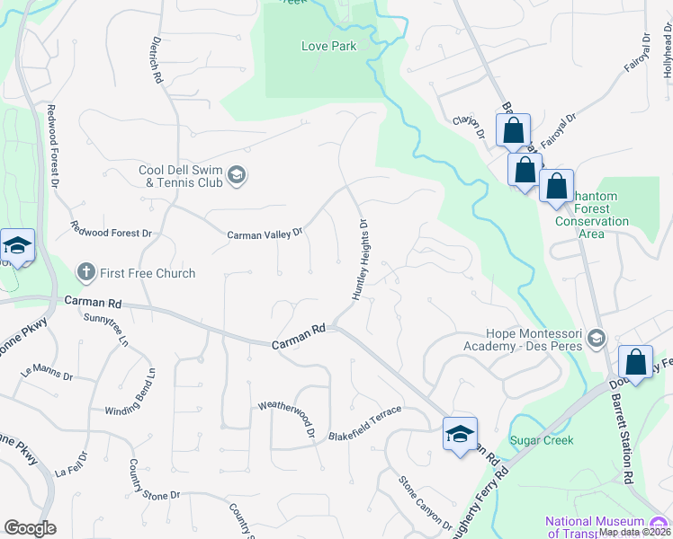 map of restaurants, bars, coffee shops, grocery stores, and more near 645 Amberwood Lane in Ballwin