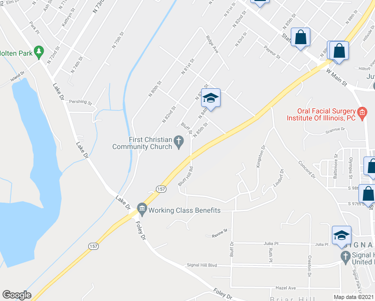 map of restaurants, bars, coffee shops, grocery stores, and more near 8707 Bluff Street in East St. Louis