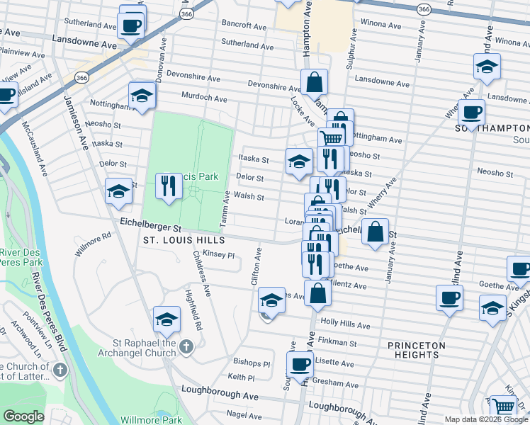 map of restaurants, bars, coffee shops, grocery stores, and more near 6219A Loran Avenue in St. Louis