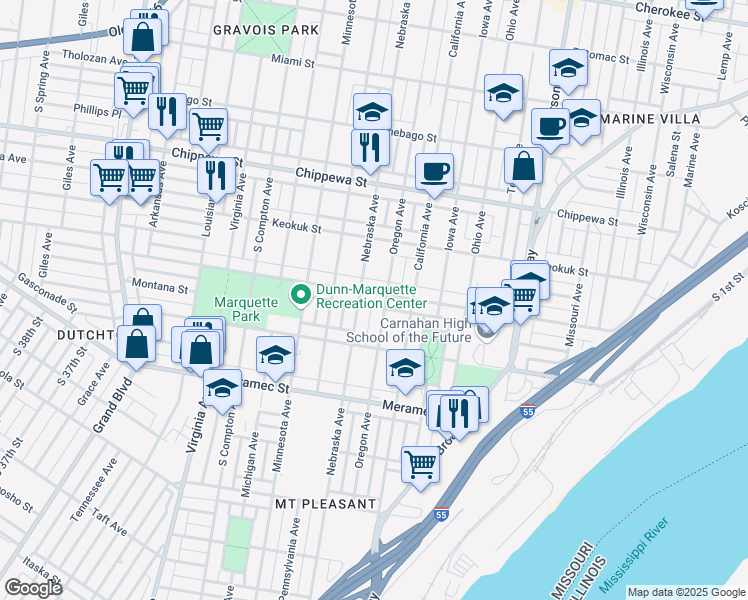 map of restaurants, bars, coffee shops, grocery stores, and more near 2842 Osage Street in St. Louis