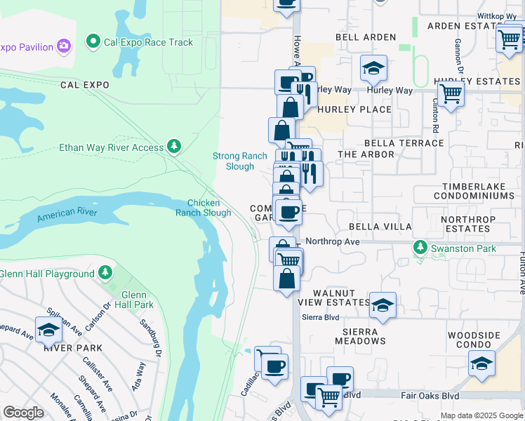 map of restaurants, bars, coffee shops, grocery stores, and more near 931 Enterprise Drive in Sacramento