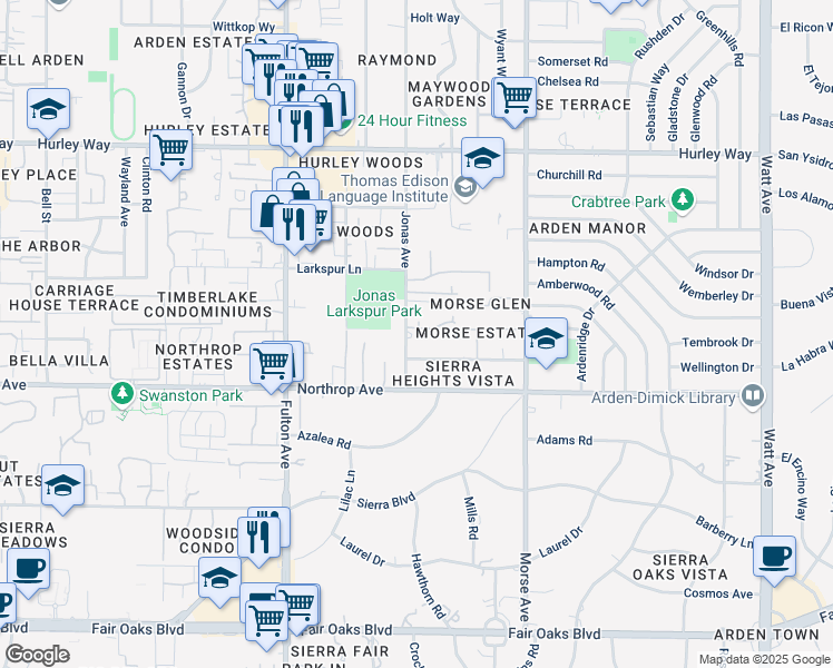 map of restaurants, bars, coffee shops, grocery stores, and more near 990 Jonas Avenue in Sacramento