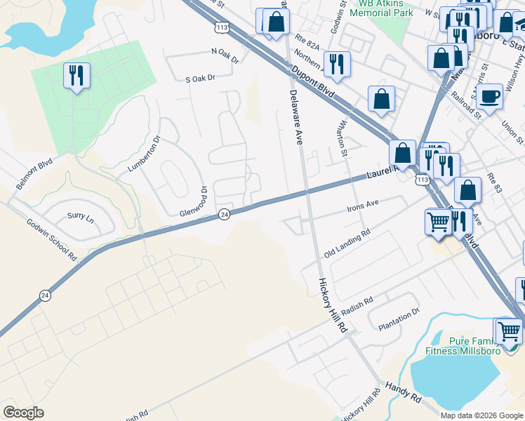 map of restaurants, bars, coffee shops, grocery stores, and more near 29467 Millsboro Highway in Millsboro