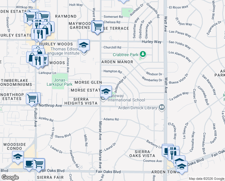map of restaurants, bars, coffee shops, grocery stores, and more near 3128 Hempstead Road in Sacramento