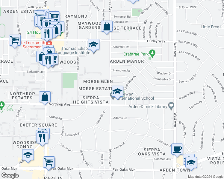 map of restaurants, bars, coffee shops, grocery stores, and more near 1000 Morse Avenue in Sacramento