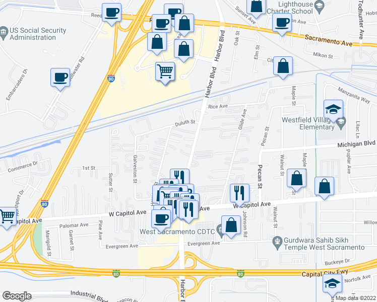 map of restaurants, bars, coffee shops, grocery stores, and more near 540 Harbor Boulevard in West Sacramento