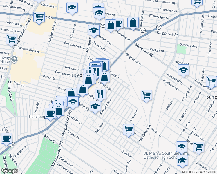 map of restaurants, bars, coffee shops, grocery stores, and more near 4604 Newport Court in St. Louis