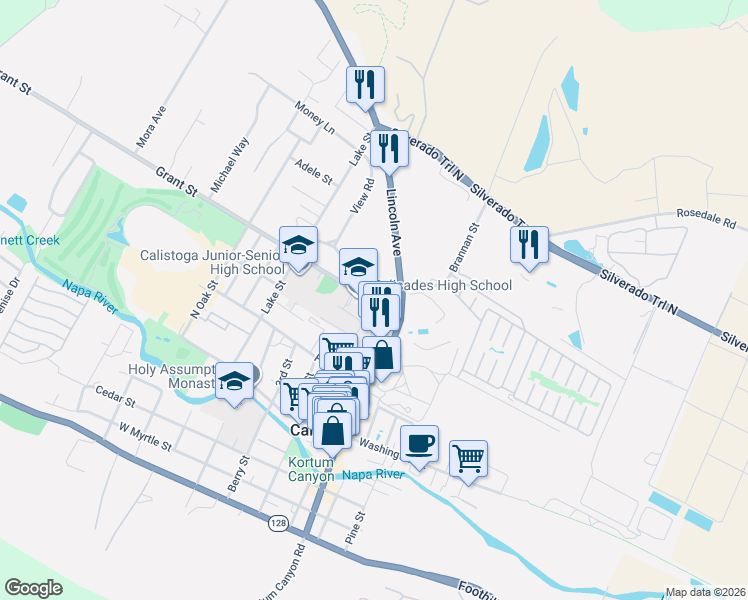 map of restaurants, bars, coffee shops, grocery stores, and more near 1412 Grant Street in Calistoga