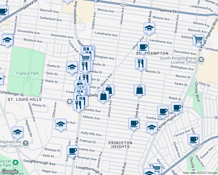 map of restaurants, bars, coffee shops, grocery stores, and more near 5611 Walsh Street in St. Louis