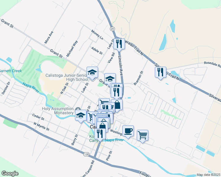 map of restaurants, bars, coffee shops, grocery stores, and more near 1507 Grant St in Calistoga