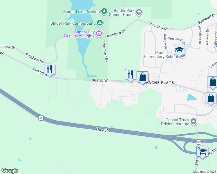 map of restaurants, bars, coffee shops, grocery stores, and more near 538 Driftwood Drive in Jefferson City