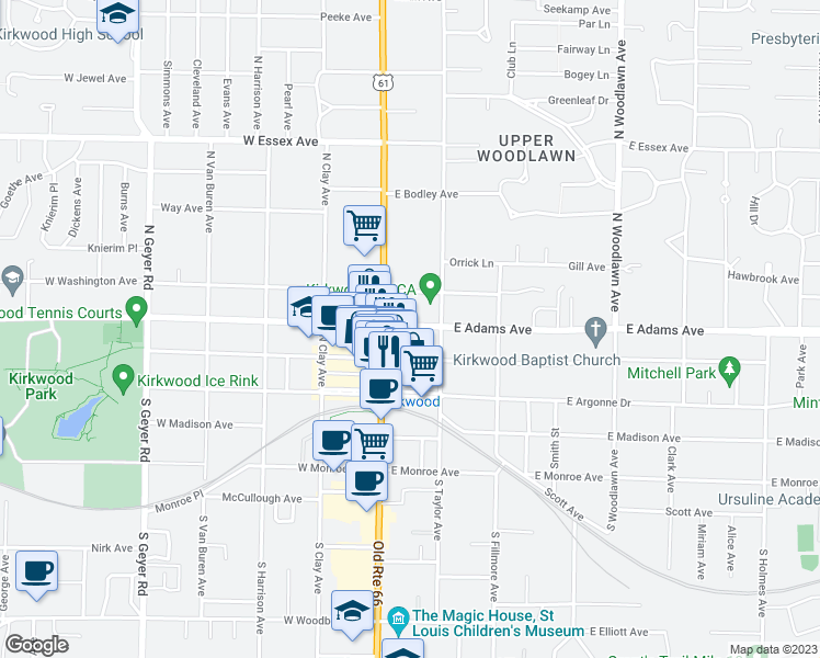 map of restaurants, bars, coffee shops, grocery stores, and more near 100 E Adams Ave in Kirkwood
