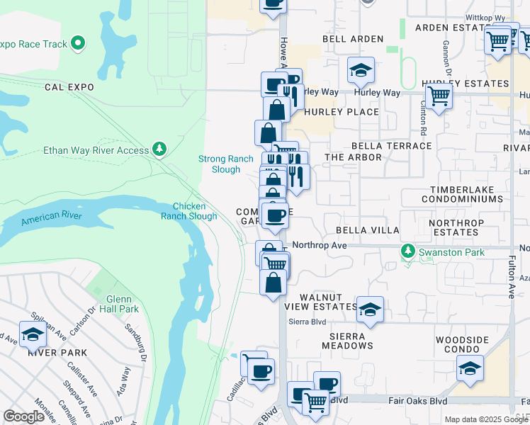 map of restaurants, bars, coffee shops, grocery stores, and more near 925 Howe Avenue in Sacramento