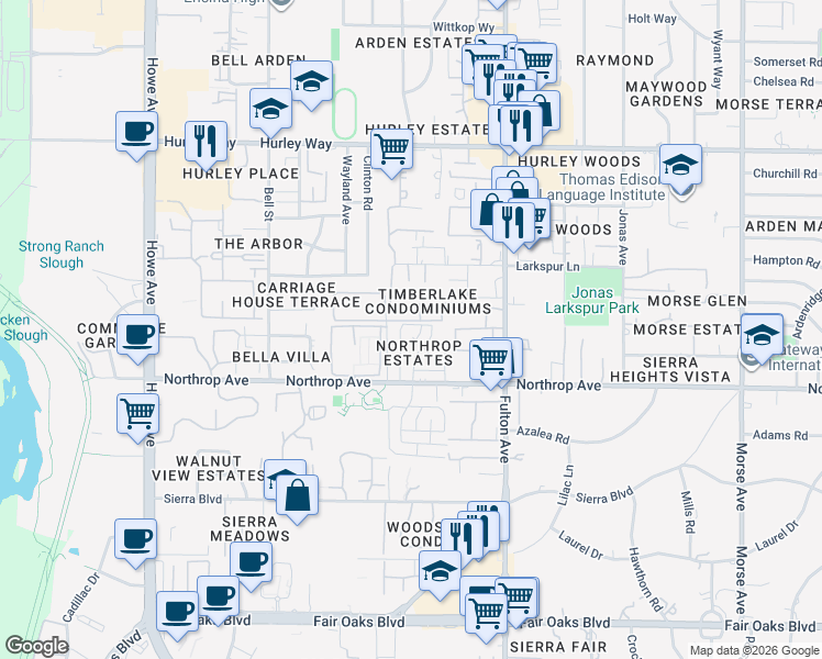 map of restaurants, bars, coffee shops, grocery stores, and more near 2408 Cava Court in Sacramento