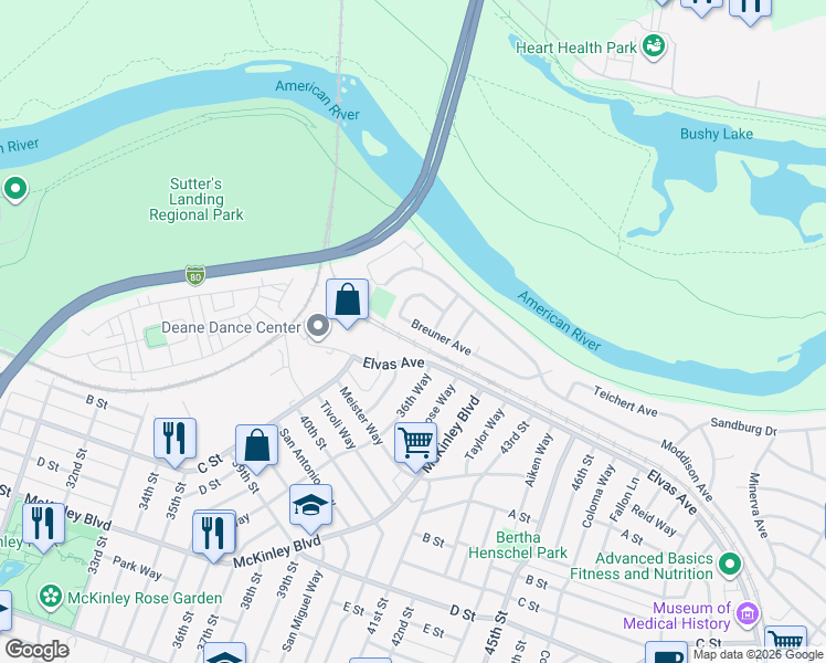 map of restaurants, bars, coffee shops, grocery stores, and more near 3826 Breuner Avenue in Sacramento