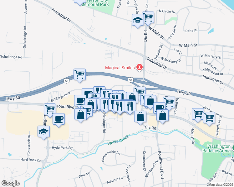 map of restaurants, bars, coffee shops, grocery stores, and more near 2103 Blair Drive in Jefferson City
