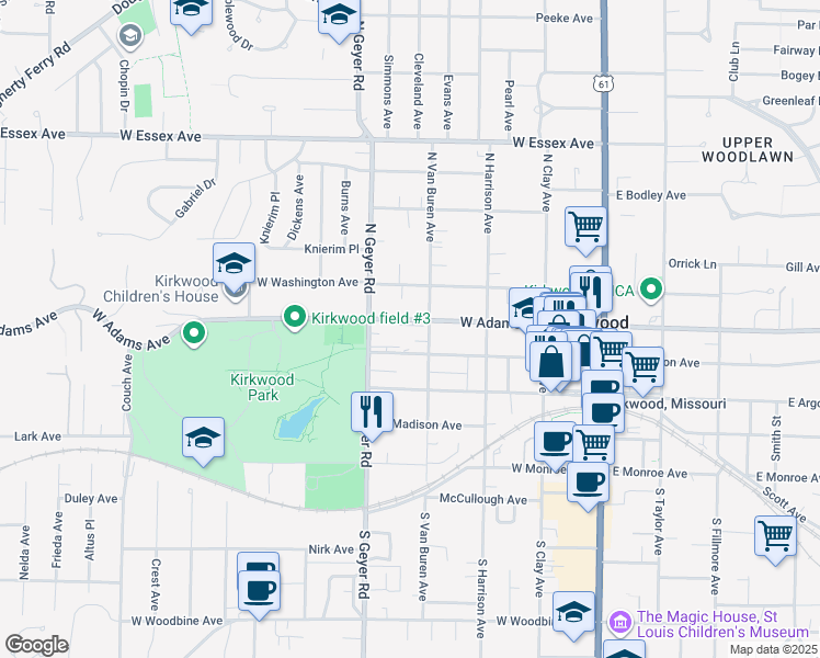 map of restaurants, bars, coffee shops, grocery stores, and more near 418 West Adams Avenue in Kirkwood