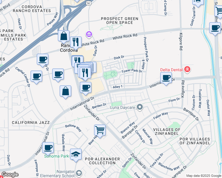 map of restaurants, bars, coffee shops, grocery stores, and more near 3188 Bridgeway Drive in Rancho Cordova