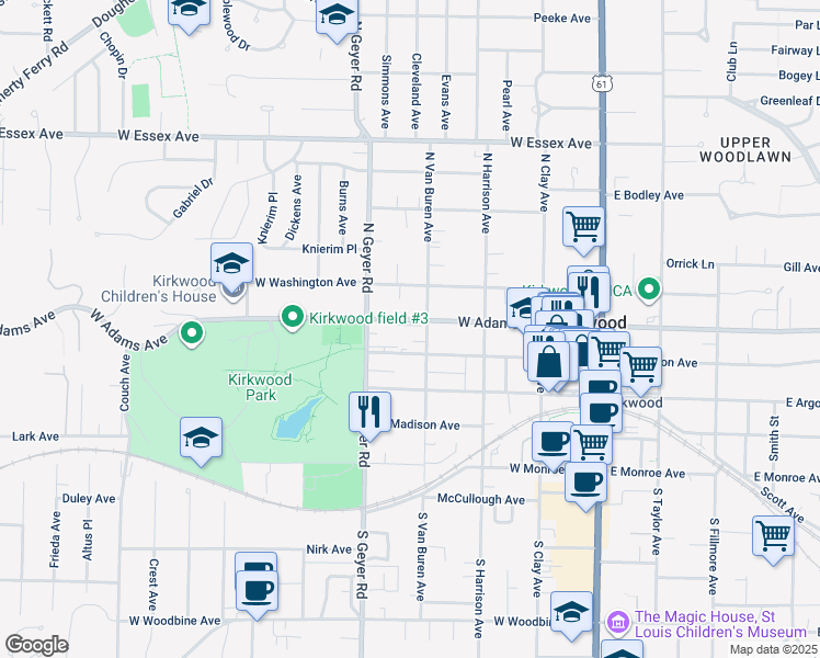 map of restaurants, bars, coffee shops, grocery stores, and more near 418 West Adams Avenue in Kirkwood