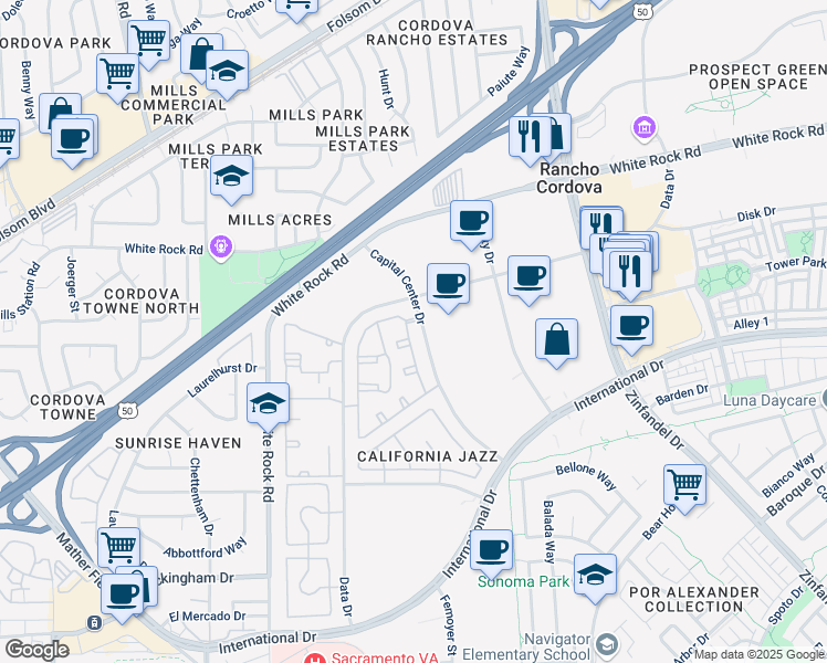 map of restaurants, bars, coffee shops, grocery stores, and more near 8 Capital Center Drive in Rancho Cordova