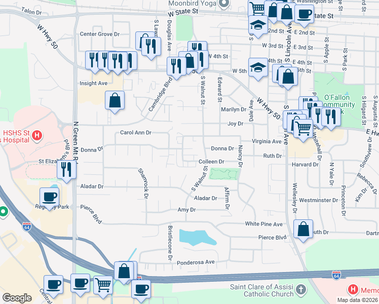 map of restaurants, bars, coffee shops, grocery stores, and more near 403 Donna Drive in O'Fallon