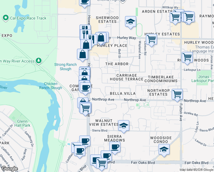 map of restaurants, bars, coffee shops, grocery stores, and more near 2255 Northrop Avenue in Sacramento
