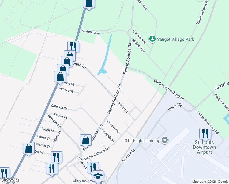 map of restaurants, bars, coffee shops, grocery stores, and more near 3402 Falling Springs Road in Cahokia