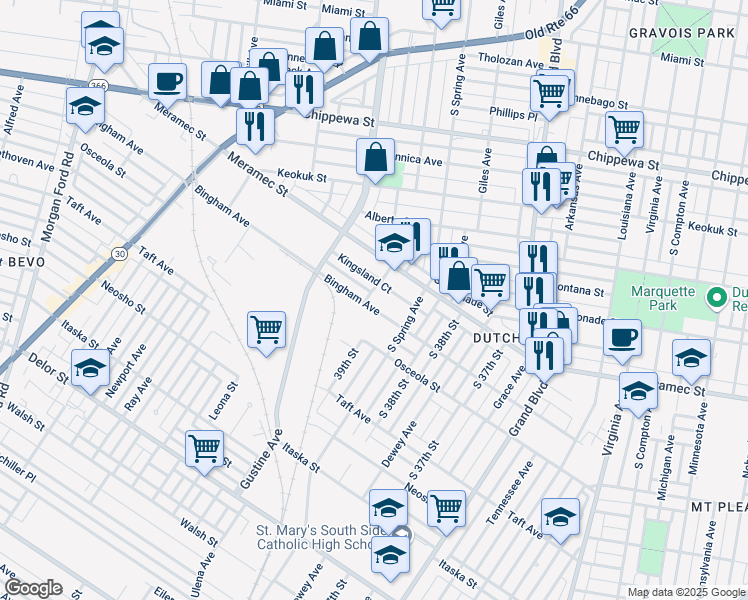 map of restaurants, bars, coffee shops, grocery stores, and more near 3887 Bingham Ave in St Louis