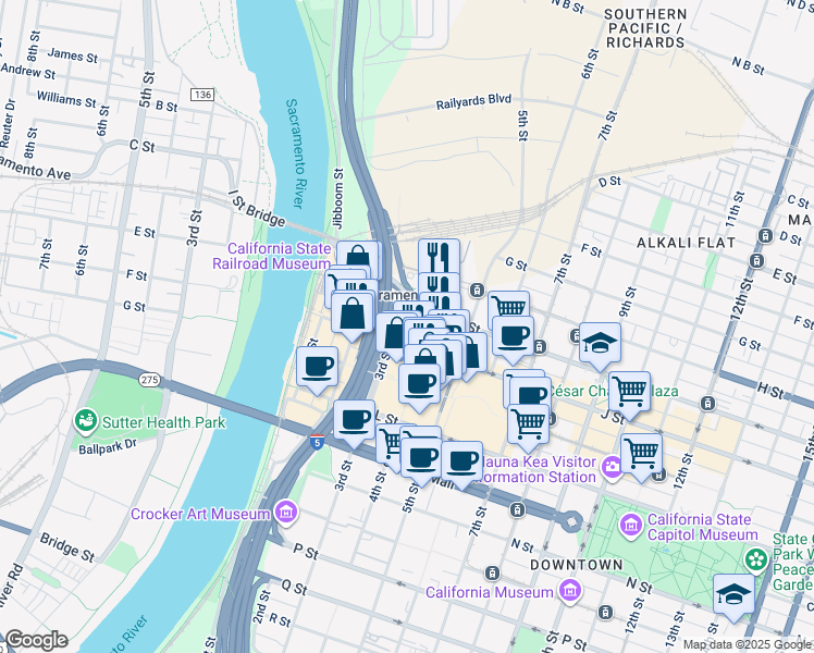 map of restaurants, bars, coffee shops, grocery stores, and more near 333 J Street in Sacramento