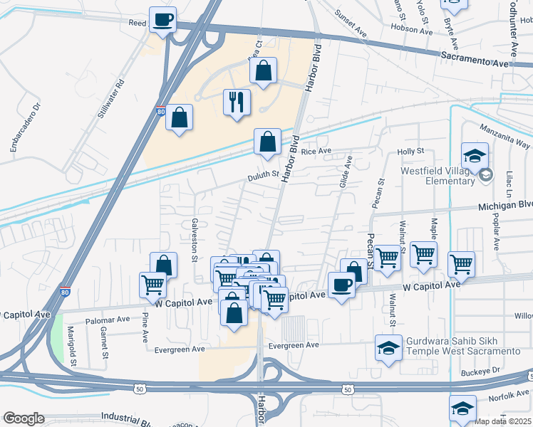 map of restaurants, bars, coffee shops, grocery stores, and more near 528 Harbor Boulevard in West Sacramento