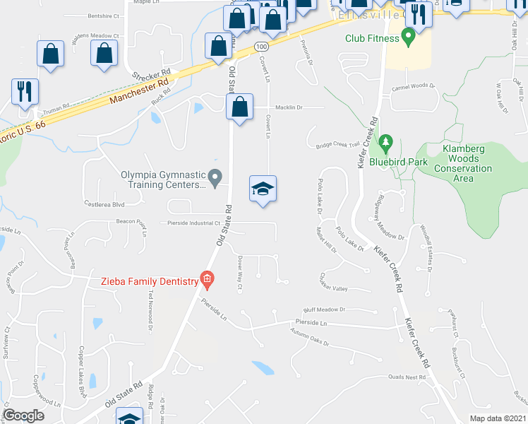 map of restaurants, bars, coffee shops, grocery stores, and more near 265 Old State Road in Ellisville
