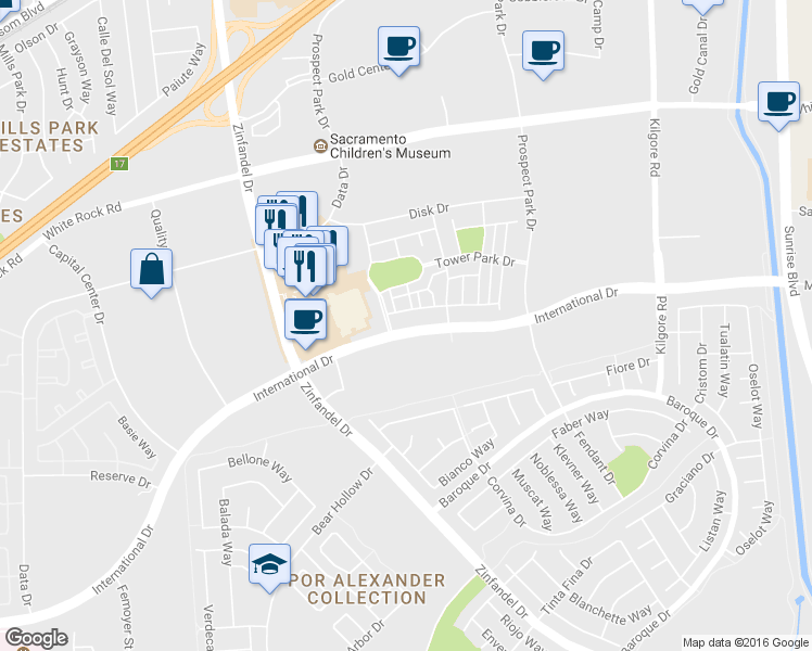 map of restaurants, bars, coffee shops, grocery stores, and more near 3188 Bridgeway Drive in Rancho Cordova