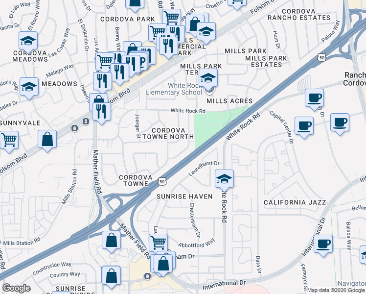 map of restaurants, bars, coffee shops, grocery stores, and more near 3065 Swansea Way in Rancho Cordova