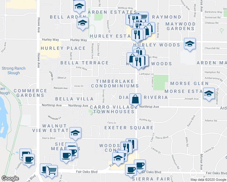 map of restaurants, bars, coffee shops, grocery stores, and more near 934 Carro Drive in Sacramento