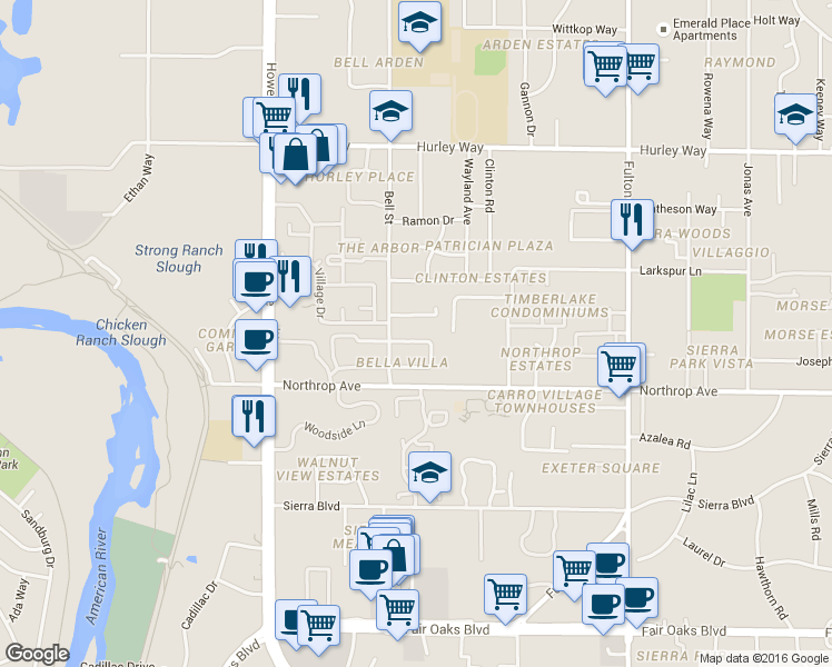 map of restaurants, bars, coffee shops, grocery stores, and more near 2352 Villanova Circle in Sacramento