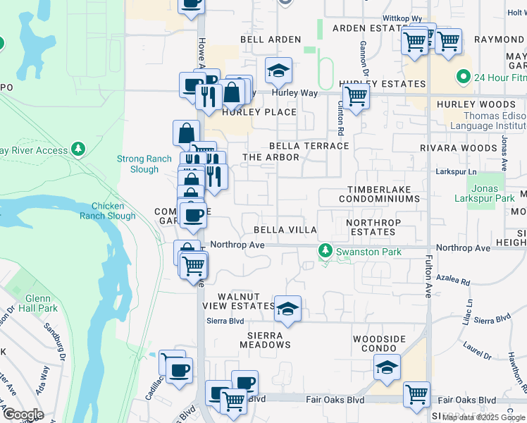 map of restaurants, bars, coffee shops, grocery stores, and more near 2217 Roselake Avenue in Sacramento