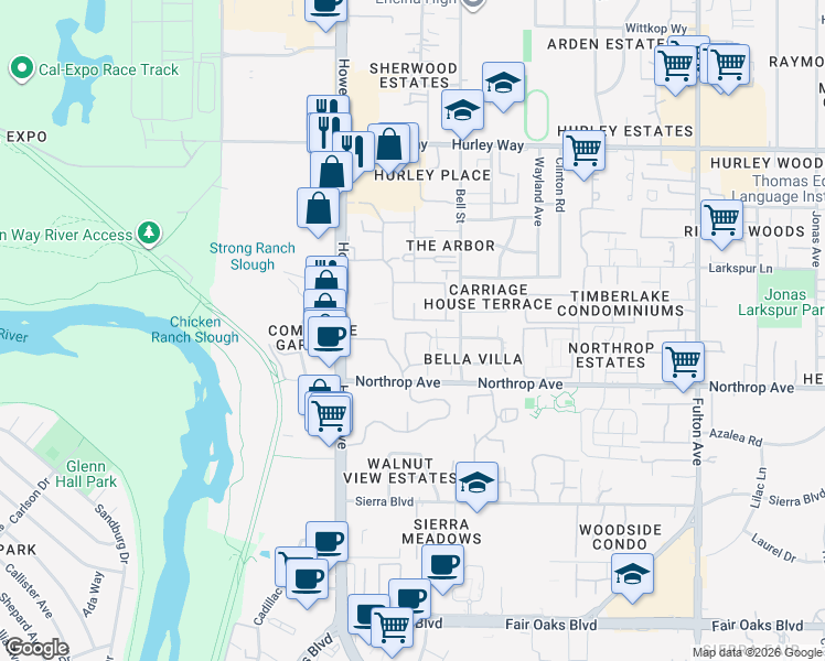map of restaurants, bars, coffee shops, grocery stores, and more near 2255 Northrop Avenue in Sacramento