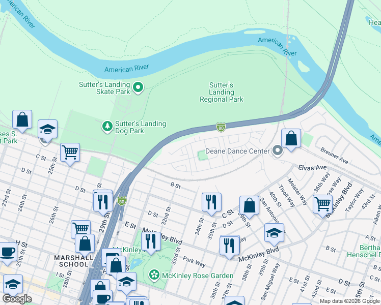 map of restaurants, bars, coffee shops, grocery stores, and more near 3227 McKinley Village Way in Sacramento