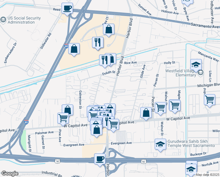 map of restaurants, bars, coffee shops, grocery stores, and more near 528 Harbor Boulevard in West Sacramento
