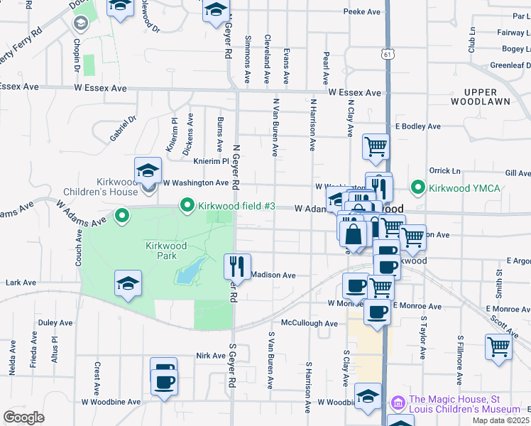 map of restaurants, bars, coffee shops, grocery stores, and more near 418 West Adams Avenue in Kirkwood