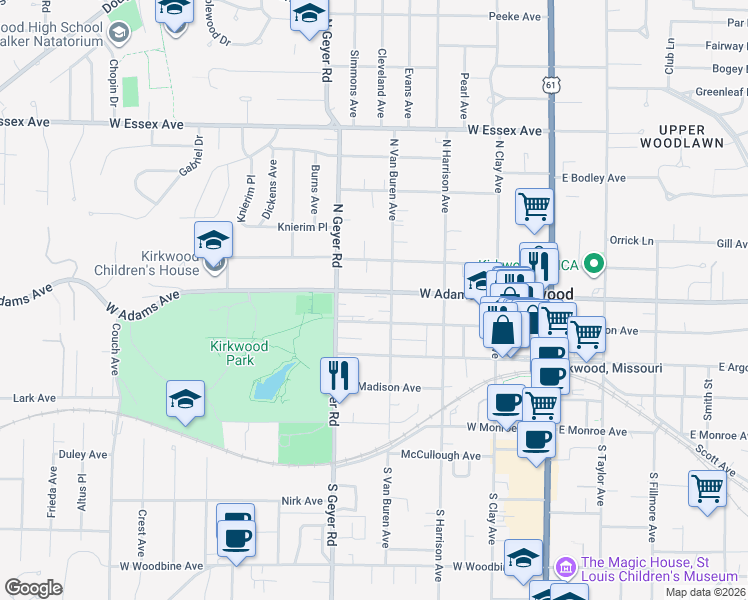 map of restaurants, bars, coffee shops, grocery stores, and more near 418 West Adams Avenue in Kirkwood