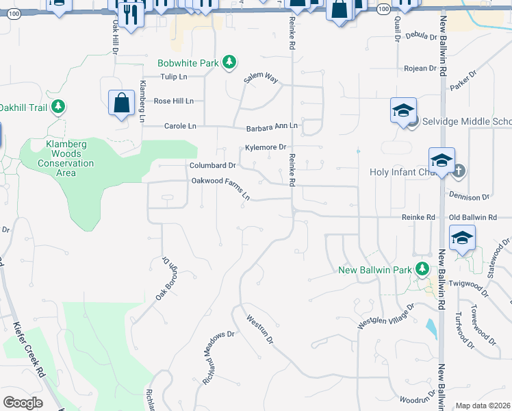map of restaurants, bars, coffee shops, grocery stores, and more near 204 Oakwood Farms Court in Ballwin