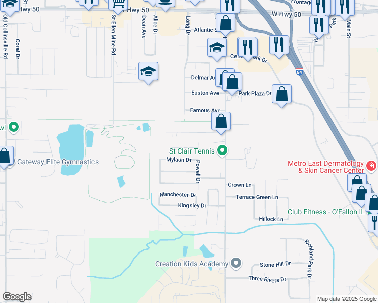 map of restaurants, bars, coffee shops, grocery stores, and more near 204 Mylaun Drive in O'Fallon