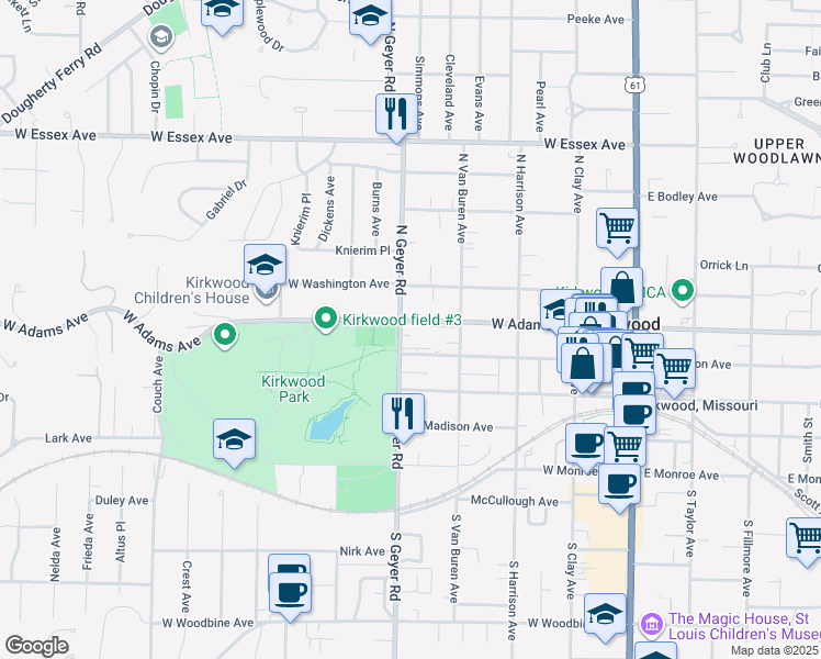 map of restaurants, bars, coffee shops, grocery stores, and more near 450 West Adams Avenue in Kirkwood