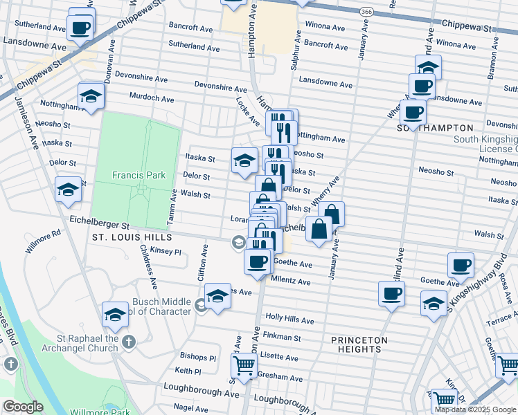 map of restaurants, bars, coffee shops, grocery stores, and more near 5822 Walsh Street in St. Louis