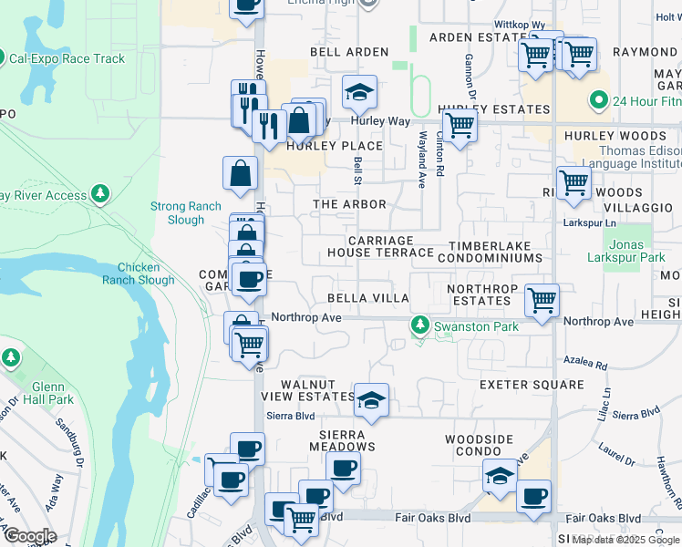 map of restaurants, bars, coffee shops, grocery stores, and more near 2213 Roselake Avenue in Sacramento